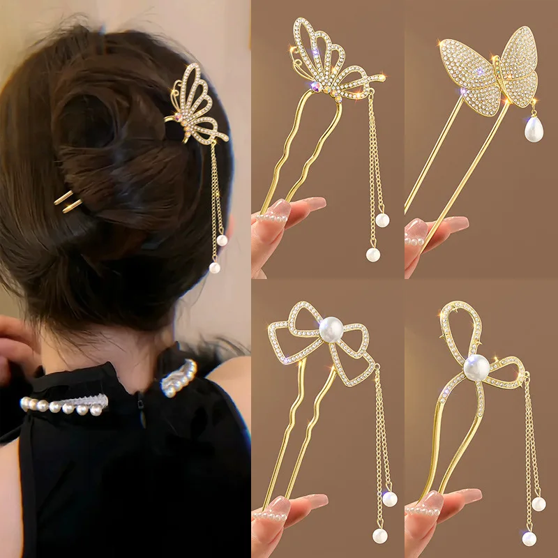 Women Accessories On Sale - สไตล์โบราณเพิร์ล rhinestone high-end U-รูปพู่ hairpin สไตล์จีนใหม่โบว์แถบคาดศีรษะ